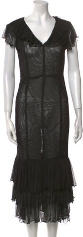 Tach Clothing Mesh Dress Black Ruffle Embellishment Short Sleeve with V-Neck