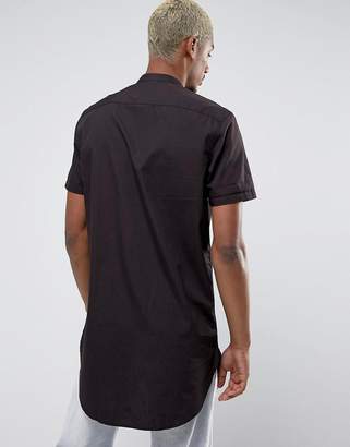 ASOS Regular Fit Super Longline Shirt with Grandad Collar in Faded Black