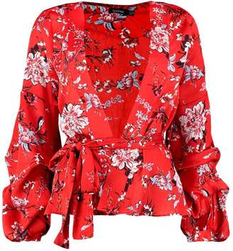 boohoo Ruched Sleeve Printed Kimono Jacket