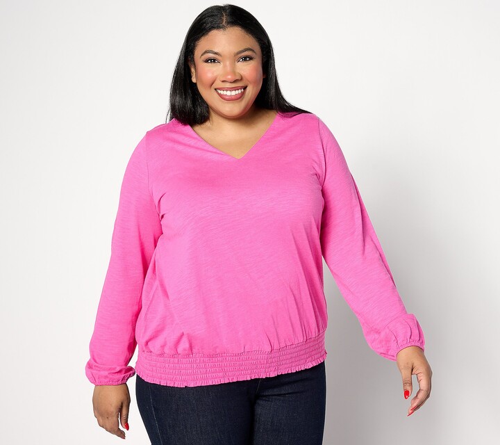Belle By Kim Gravel Slub Knit Smocked WaistV Neck Top