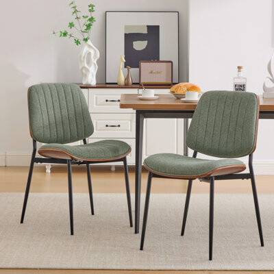 George Oliver Dining Chairs Set of 2 Mid Century Modern Retro Linen Chair with Walnut Bentwood Back Upholstered Seat Metal Legs Adjustable Foot for Kitchen Dining R