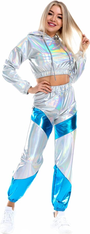 IWEMEK Rave Outfits Women's Metallic Top Glitter Trousers Tracksuit ...