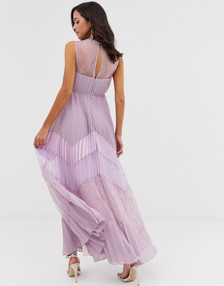 True Decadence premium lace yoke maxi dress with contrast lace pleated skirt in tonal lilac