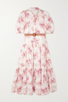 Zimmermann Rosa Belted Floral-print Cotton And Silk-blend Jacquard Midi Shirt Dress - Pink