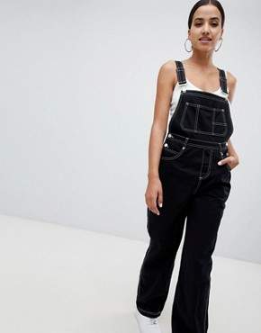 Missguided contrast stitch dungarees in black