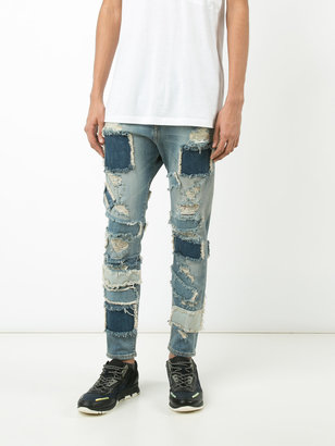 R 13 patched frayed cropped jeans