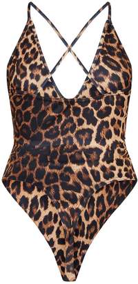 Lily Tan Scuba Leopard Print Cross Back Bodysuit