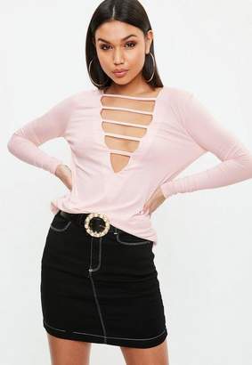 Missguided Pink Cage Front Plunge Sleeve Tunic Top