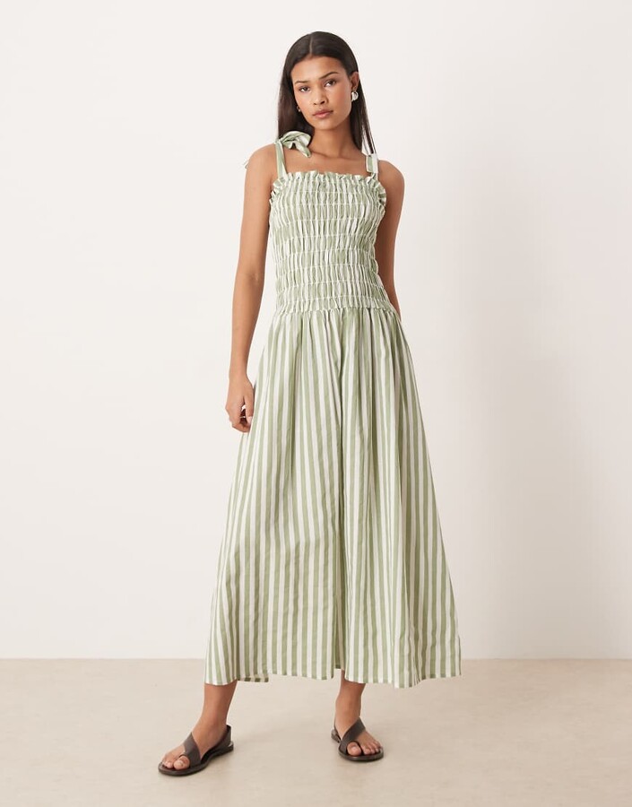 Esmée tie strap maxi beach dress in light green stripe