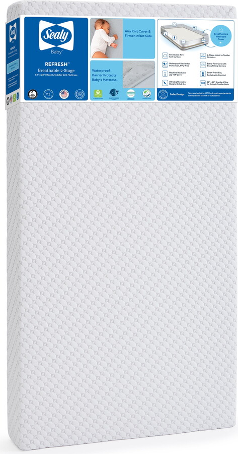 Sealy Baby Sealy Refresh Breathable 2-Stage Dual Firm Crib Mattress, Toddler Mattress, Removable Washable Cover, GREENGUARD Certified Baby Mattress for Crib, White