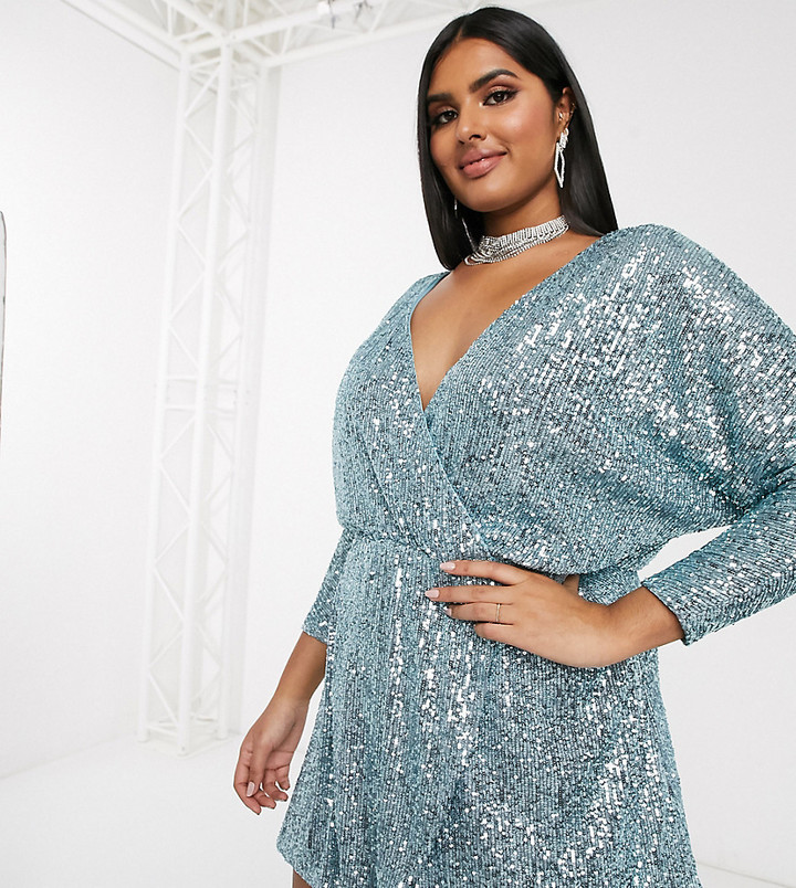Club L London Plus sequin plunge neck long sleeve mini dress in baby