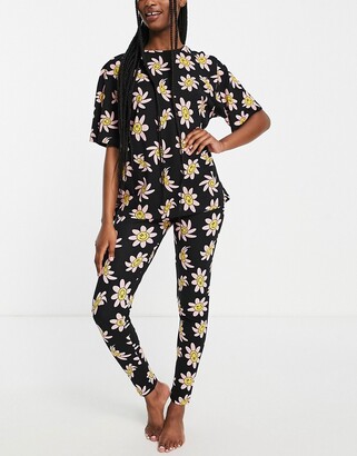 ASOS DESIGN wavy daisy oversized tee & legging pajama set in black
