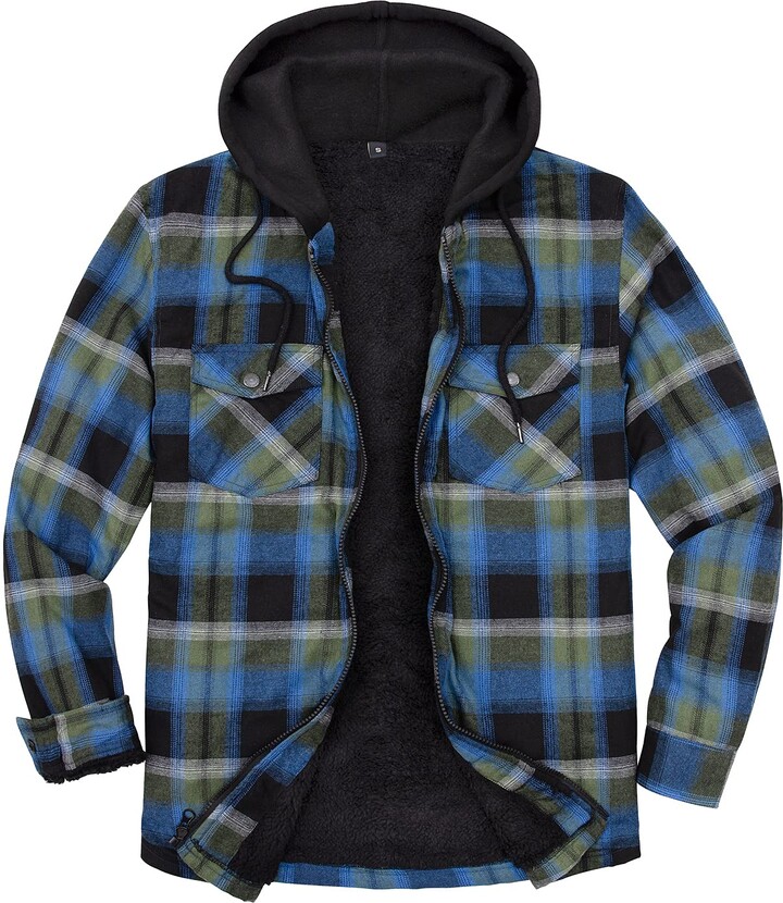ZENTHACE Men's Sherpa Lined Full Zip Hooded Plaid Flannel Shirt Jacket ...