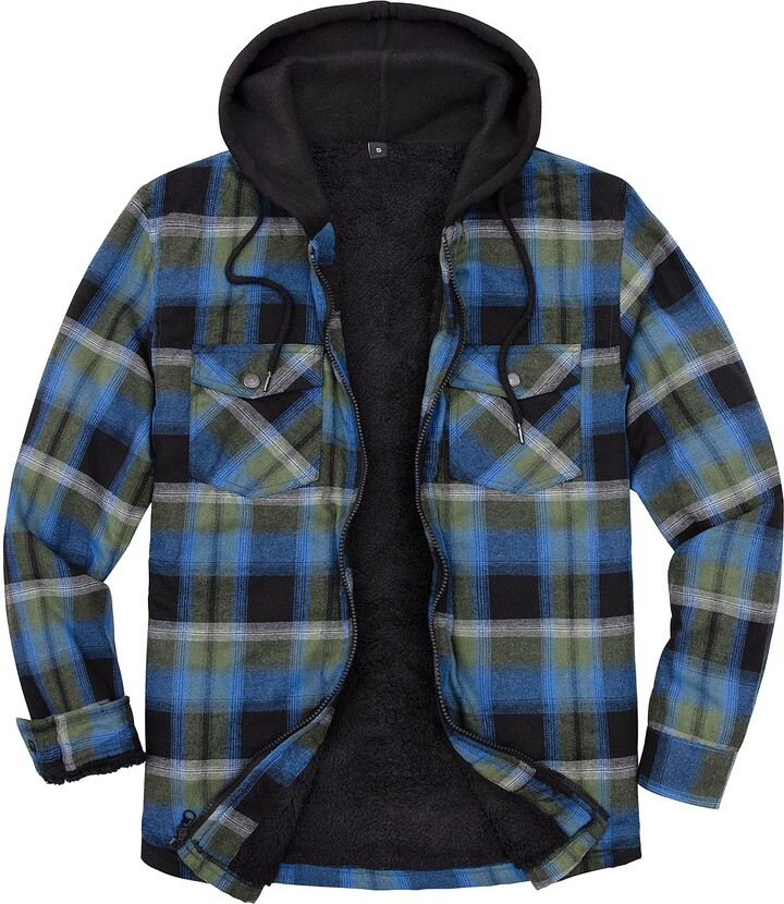 ZENTHACE Men's Sherpa Lined Full Zip Hooded Plaid Flannel Shirt Jacket
