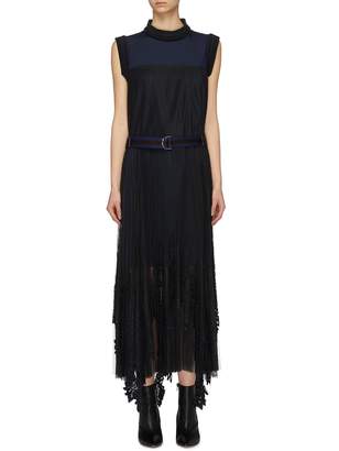 Sacai Belted plisse pleated lace trim tulle panel dress