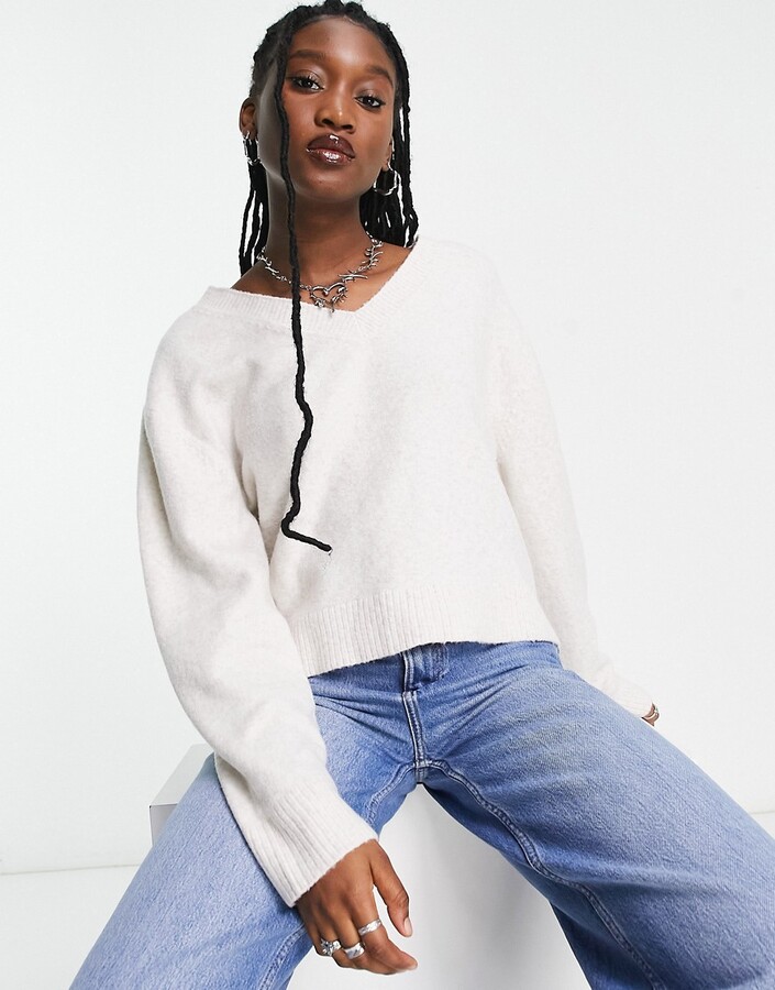 Weekday Ellen v-neck sweater in cream ShopStyle