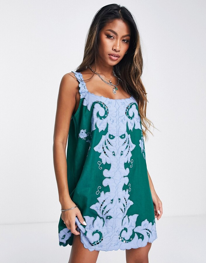 Topshop contrast embroidery mini strappy shift dress in green and blue -  ShopStyle