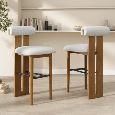 One Allium Way Indoor Wooden Upholstered Barstool Walnut Finish And Ivory Fabric Set Of 2 Perfect For Modern Farmhouse Kitchens