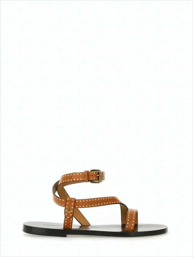 Isabel Marant Flat Brown Leather Sandals with Gold Stud Accents