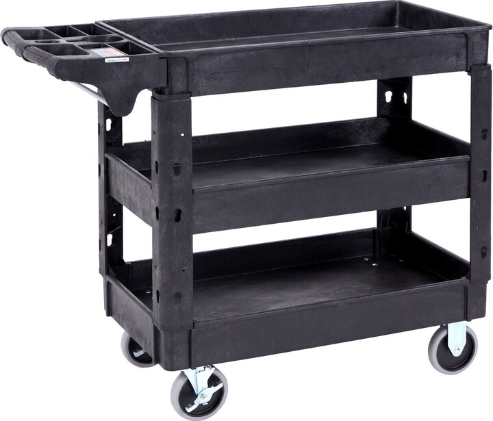 KFFKFF Functional Service Trolley, Triple Tier 550LBS Robust Plastic Mobile Utility Cart with 360° Rotating Wheels (2 with Stoppers), Mid-Sized Rimmed Shelf, Comfortable Storage Grip