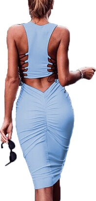 Deep V Neck Adjustable Strap Backless Ruched Plus Size Bodycon Mini Casual  Dress