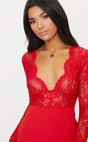 Thumbnail for your product : PrettyLittleThing White Lace Long Sleeve Plunge Playsuit