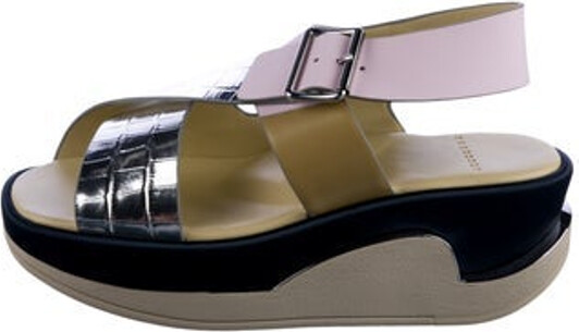 4Ccccees Leather Slingback Sandals Blue, Neutrals, Pink & Silver Colorblock Pattern Satin Trim Platform Crossover Straps & Buckle Closure at Ankles Includes Box & Dust Bag Unfortunately, due to restrictions, this item may not be eligible for shipping in all areas.