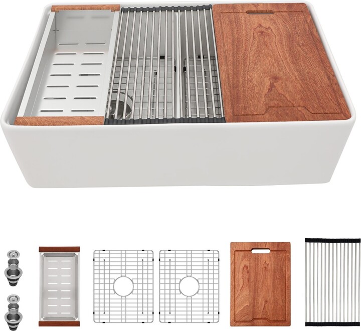 flynama huluwat 33x20x10inch White Farmhouse Sink Ceramic Porcelain Double Bowl Workstation Kitchen