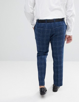 Asos Design ASOS PLUS Slim Suit Trousers in 100% Wool Harris Tweed Herringbone In Blue Check