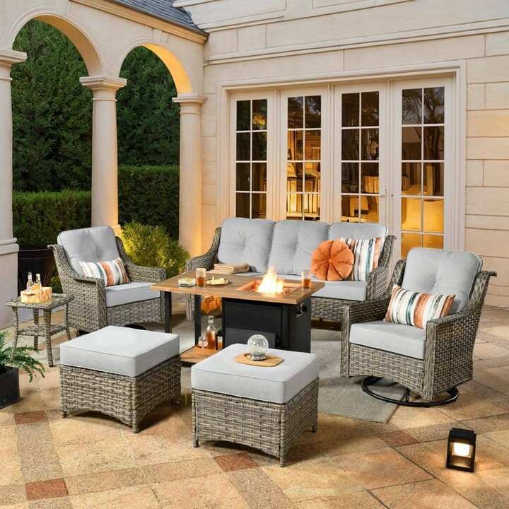 HOOOWOOO Denver 7-Piece Wicker Outdoor Patio Conversation Sofa Set with Swivel Chairs, a Storage Fire Pit and Light Grey Cushions