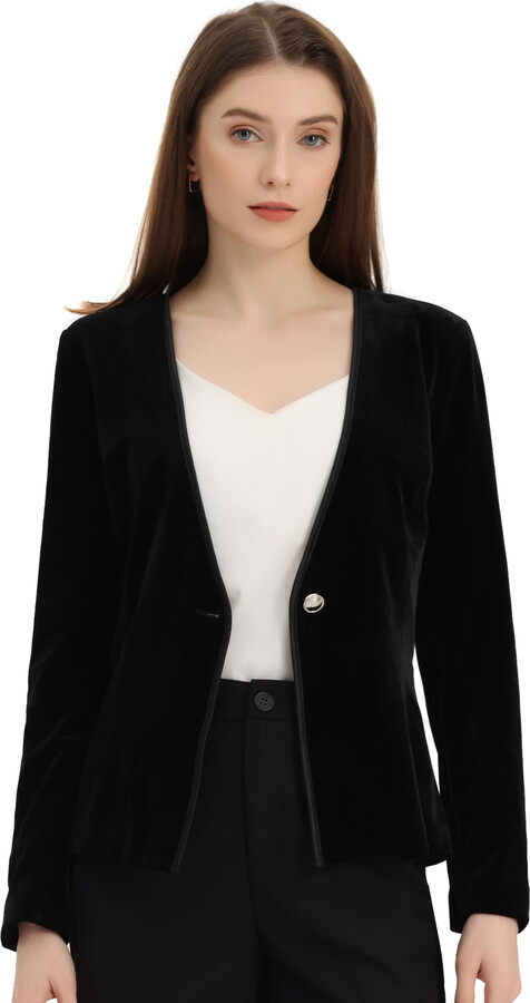 DARING DIVA Women’s Long Sleeve Office Collarless 1 Button Velvet Blazer M Black