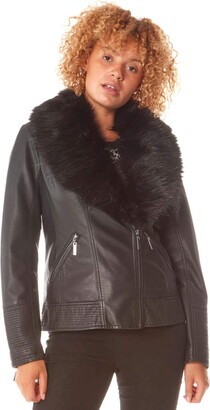 Roman Originals Women Faux Fur Contrast Biker Aviator Jacket - Ladies Smart Casual Day Soft Cosy Collar Trim Pocket Asymmetric Zip Rock Chick Warm Young Stylish Fashion Coats - Black - Size 10