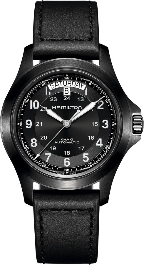 Hamilton Watch Khaki Field King Auto | Swiss Made | 40mm Stainless Steel Case | Black Dial Analog Watch | Black Leather Strap (Model: H64465733)