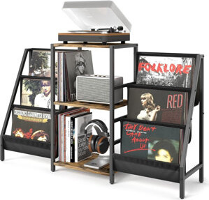 Multi-Function Record Player Stand For Media Stereo Audio, 57 × 28 × 12, Black And Brown
