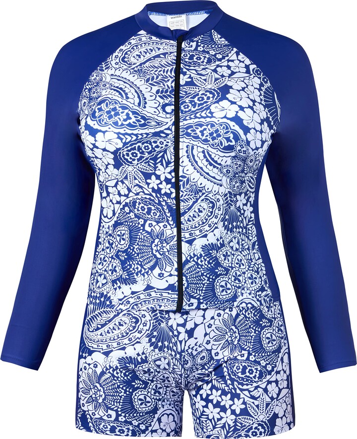 Wantdo Women's Plus Size Two Piece Rash Guard Swimsuit Long Sleeve Swim