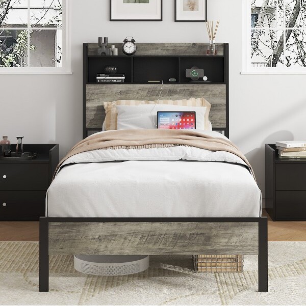 HBEZON TwinSizeSingleBedFramewithHeadboardStorageandCentralChargingStationGrey