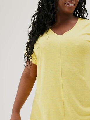 V By Very Curve Linen Mix V-Neck T-Shirt - Yellow