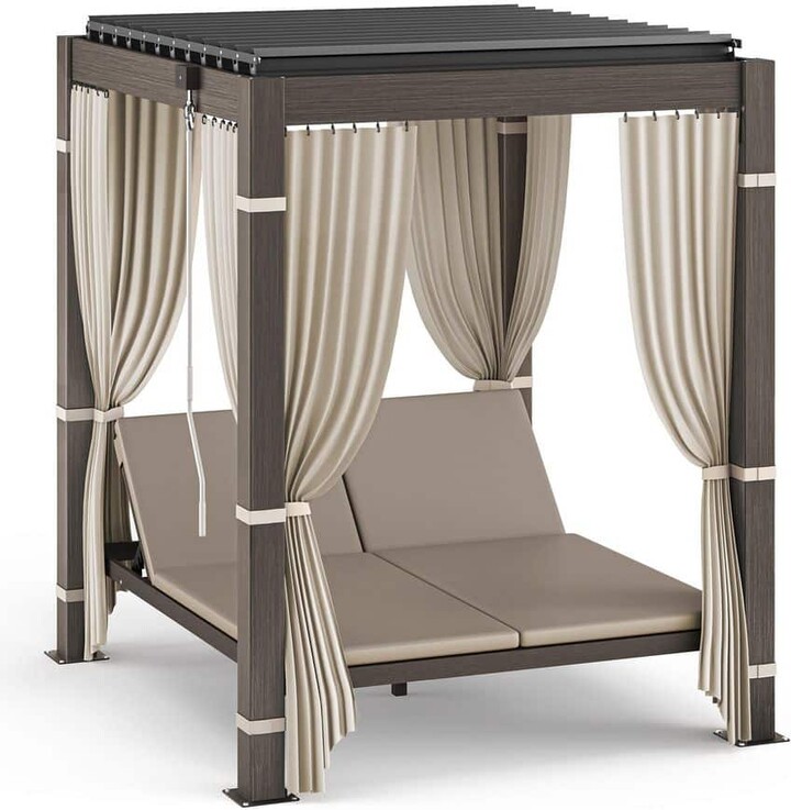 LUE BONA Himba 6.5 ft. x 6 ft. Gray Aluminum Outdoor Gazebo Adjustable Louvered Roof Day Bed with Cushion Reclining Backrest