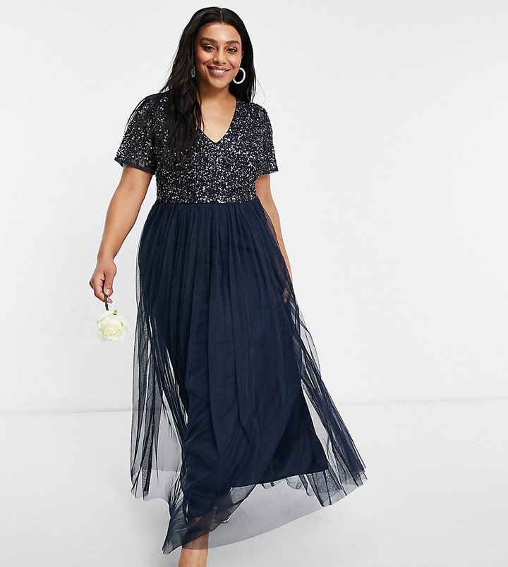 Maya bridesmaid V-neck maxi tulle dress with tonal delicate sequins in navy  - ShopStyle