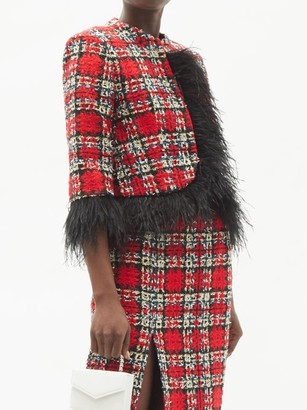 Halpern Cropped Feather-trimmed Tweed Suit Jacket - Red