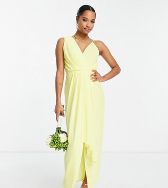 TFNC Petite Bridesmaid chiffon wrap maxi dress with hi low hem in lemon yellow