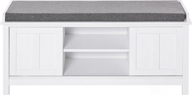 HOMCOM Entryway Shoe Bench Storage Ottoman With Sliding Doors, Adjustable Shelving, 6 Compartments, And Padded Seat, Holds 10 Pairs, White