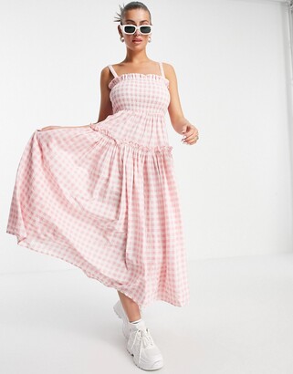 ASOS DESIGN cami midi sundress with raw edges in pink and white gingham