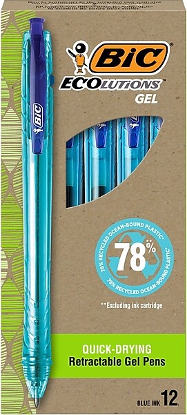 BIC ECOlutions Retractable Gel Pen, Medium Point, 1.0 mm, Blue Ink, 12/Pack (RGLE11-BLU)