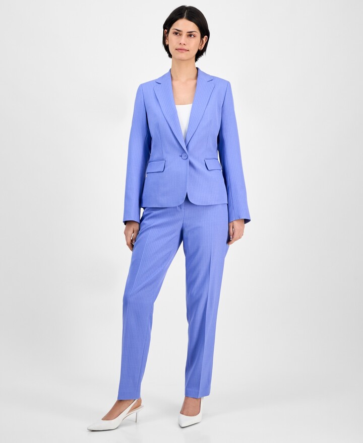 Le Suit Women's Pinstriped Notch-Collar One-Button Jacket & Straight-Leg Mid-Rise Pants Set Regular & Petite - Periwinkle/White