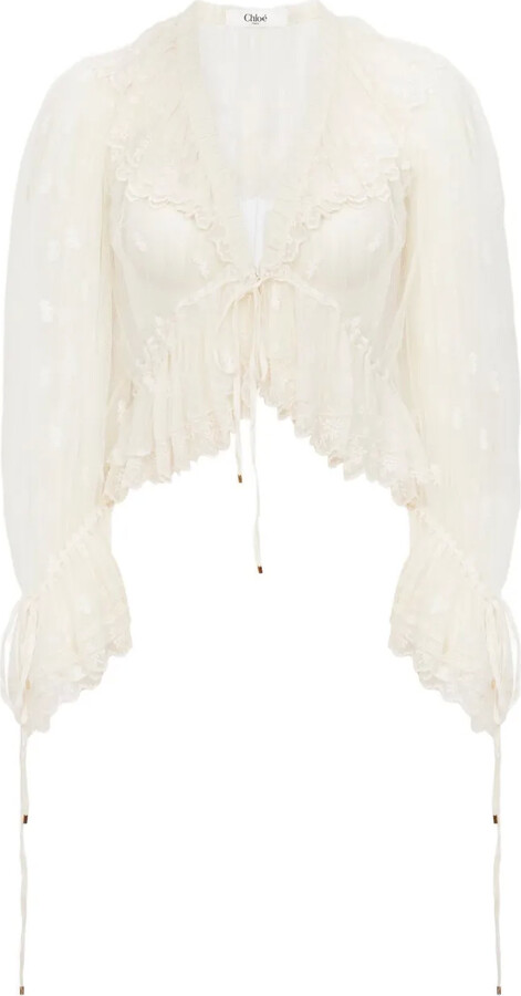 Chloé V-Neck Ruffled Embroidery Lace Blouse