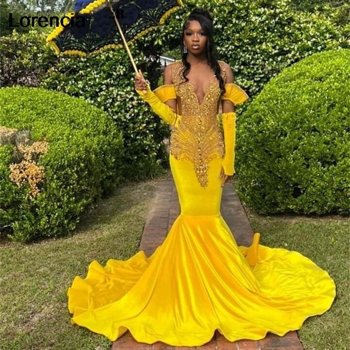 Lorencia Customized Yellow Velvet Gold Rainstones Prom Dress For Black Girls Lace Applique Beading Formal Party Gown Robe De Soiree YPD84