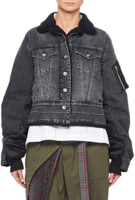 Sacai Button-Front Nylon-Back Faux-Shearling Lined Denim Jacket