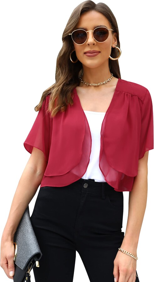 Aottori Women Shrug Shawl Summer Chiffon Cardigans Lightweight Casual Short  Sleeve Open Front Cropped Bolero Tops for Wedding Evening Dress Capes Wine  Red S - ShopStyle