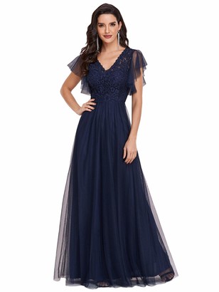 Ever Pretty Ever-Pretty Women's V Neck Tulle Short Sleeve Empire Waist A Line Lace Floor Length Bridesmaid Dresses Navy Blue 8UK